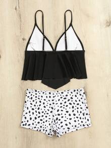 Dalmatian Print Ruffle Hem Tankini - Black and White - View 6