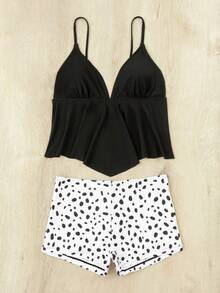 Dalmatian Print Ruffle Hem Tankini - Black and White - View 8