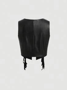 SHEIN SXY 流蘇邊PU皮革夾克背心 - 黑色 - 查看 6