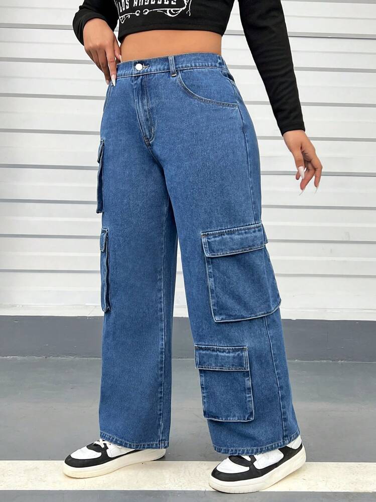 SHEIN EZwear מידות גדולות דמוי כיסים דגמ"ח ג'ינס - שטיפה בינונית - ראה 5