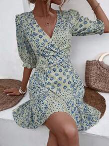 Aveloria Vestido con estampado floral de cuello cruzado bajo con fruncido - Blanco - Ver 3