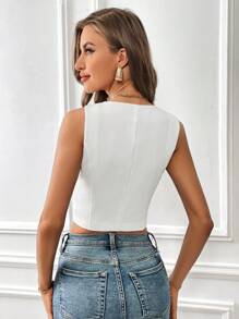 SHEIN Privé 3D花朵裝飾深V領短款馬甲 - 白色 - 查看 2