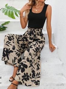 SHEIN LUNE Solid Tank Top & Floral Print Wide Leg Pants - Black - View 3