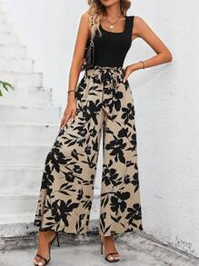 SHEIN LUNE Solid Tank Top & Floral Print Wide Leg Pants - Black - View 5
