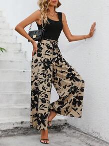 SHEIN LUNE Solid Tank Top & Floral Print Wide Leg Pants - Black - View 6