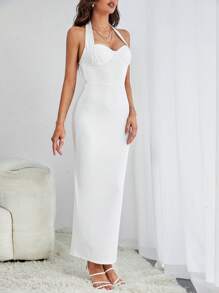 SHEIN Tall 素色繞頸露背緊身洋裝 - 白色 - 查看 5