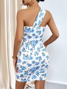 SHEIN Privé Floral Print One Shoulder Cut Out Ruched Bodycon Dress