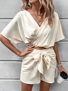 SHEIN LUNE tay cánh Top Cây trồng & Tie Trước Quần short - Màu Khaki - Xem 3