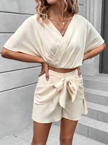 SHEIN LUNE tay cánh Top Cây trồng & Tie Trước Quần short - Màu Khaki - Xem 5