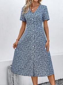 SHEIN LUNE Ditsy Floral Print Button Front Dress | SHEIN USA