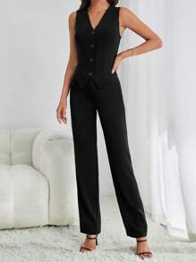 SHEIN Tall 秋冬款纽扣前开襟背心西装外套和裤子 - 黑色 - 查看 3