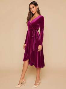 SHEIN Clasi Chất rắn Bọc Nút ven Nhung Đầm - Màu Hồng Tươi - Xem 3