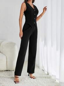 SHEIN Tall 秋冬款纽扣前开襟背心西装外套和裤子 - 黑色 - 查看 4