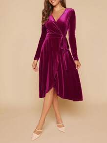 SHEIN Clasi Chất rắn Bọc Nút ven Nhung Đầm - Màu Hồng Tươi - Xem 5