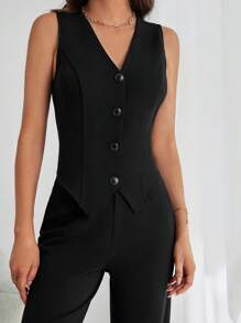 SHEIN Tall 秋冬款纽扣前开襟背心西装外套和裤子 - 黑色 - 查看 5