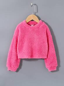 SHEIN Leap Crew 女小童素色落肩袖絨毛運動衫 - 玫紅色 - 查看 1