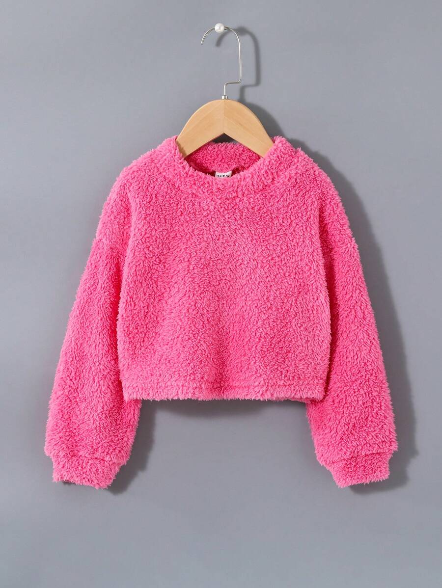 SHEIN Leap Crew 女小童素色落肩袖絨毛運動衫 - 玫紅色 - 查看 1