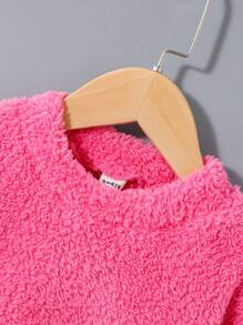 SHEIN Leap Crew 女小童素色落肩袖絨毛運動衫 - 玫紅色 - 查看 3