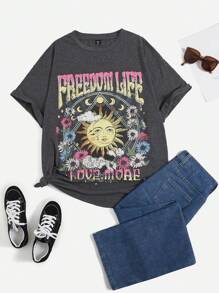 SHEIN EZwear 大碼太陽&標語圖案落肩T恤 - 深灰色 - 查看 1