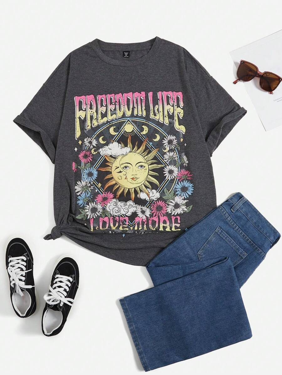 SHEIN EZwear 大碼太陽&標語圖案落肩T恤 - 深灰色 - 查看 1