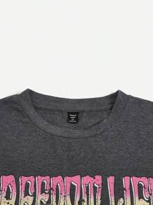 SHEIN EZwear 大碼太陽&標語圖案落肩T恤 - 深灰色 - 查看 5