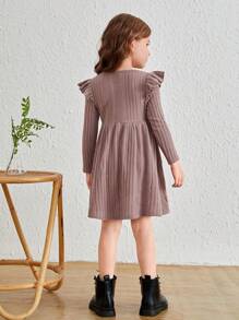 SHEIN Leap Crew Young Girl Ruffle Trim Ribbed Knit Solid Dress - Dusty Pink - View 2