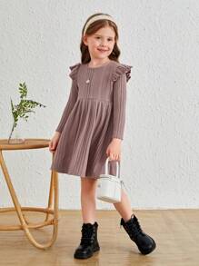 SHEIN Leap Crew Young Girl Ruffle Trim Ribbed Knit Solid Dress - Dusty Pink - View 3