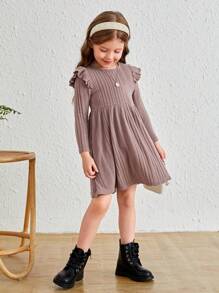 SHEIN Leap Crew Young Girl Ruffle Trim Ribbed Knit Solid Dress - Dusty Pink - View 4