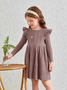 SHEIN Leap Crew Young Girl Ruffle Trim Ribbed Knit Solid Dress - Dusty Pink - View 5