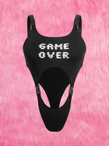 ROMWE Anime Plus Letter Graphic Cut Out Buckle Detail Teddy Bodysuit - Black - View 1