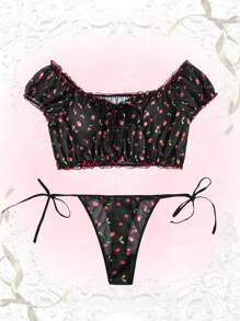 ROMWE Kawaii Talla grande Set de lencería con estampado de cereza de malla - Negro - Ver 1
