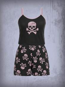 ROMWE Goth Plus Skull Print Contrast Binding PJ Set - Black - View 1