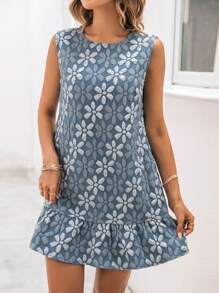 SHEIN LUNE Allover Floral Print Ruffle Hem Smock Dress - Blue - View 1