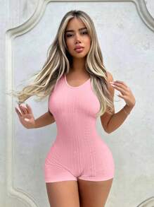 SHEIN ICON Solid Unitard Romper - Baby Pink - View 1