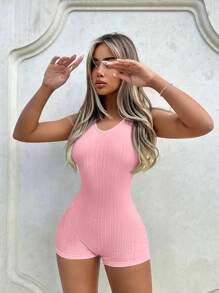 SHEIN ICON Solid Unitard Romper - Baby Pink - View 5