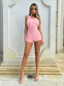 SHEIN ICON Solid Unitard Romper - Baby Pink - View 10