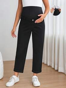 SHEIN 孕婦寬腰帶直筒牛仔褲 - 黑色 - 查看 1