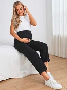 SHEIN 孕婦寬腰帶直筒牛仔褲 - 黑色 - 查看 3