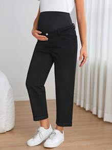 SHEIN 孕婦寬腰帶直筒牛仔褲 - 黑色 - 查看 4