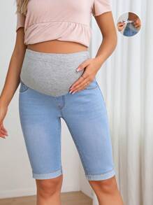 SHEIN 孕婦寬腰帶卷邊牛仔短褲 - 淺色水洗藍 - 查看 1