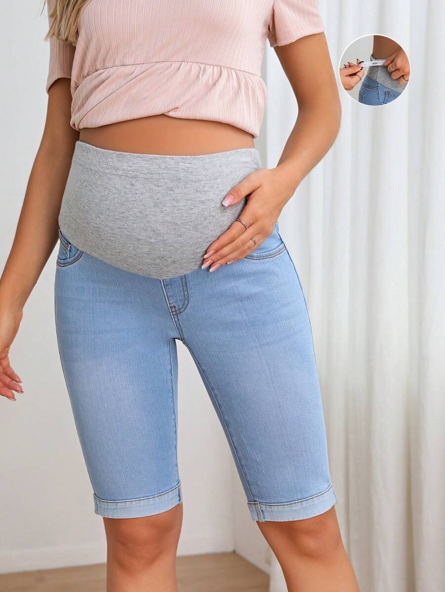 SHEIN 孕婦寬腰帶卷邊牛仔短褲 - 淺色水洗藍 - 查看 1