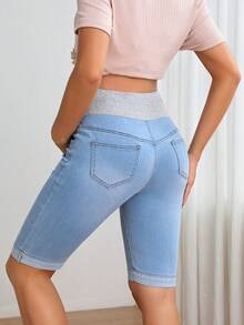 SHEIN 孕婦寬腰帶卷邊牛仔短褲 - 淺色水洗藍 - 查看 2