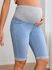 SHEIN 孕婦寬腰帶卷邊牛仔短褲 - 淺色水洗藍 - 查看 3