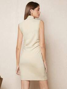 BizChic Mock Neck Chain Detail Bodycon Dress - Beige - View 2