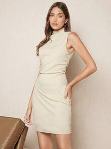 BizChic Mock Neck Chain Detail Bodycon Dress - Beige - View 3
