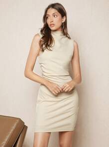 BizChic Mock Neck Chain Detail Bodycon Dress - Beige - View 7
