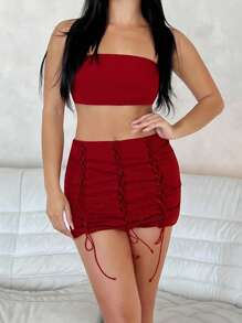 SHEINNeu 素色短款抹胸上衣&前繫帶包臀半身裙 - 紅色 - 查看 3