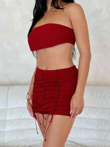 SHEINNeu 素色短款抹胸上衣&前繫帶包臀半身裙 - 紅色 - 查看 4