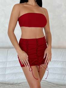 SHEINNeu 素色短款抹胸上衣&前繫帶包臀半身裙 - 紅色 - 查看 5