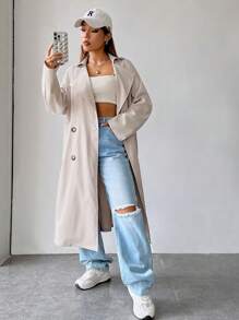SHEIN EZwear 西裝領雙排釦腰帶風衣外套 - 米色 - 查看 4